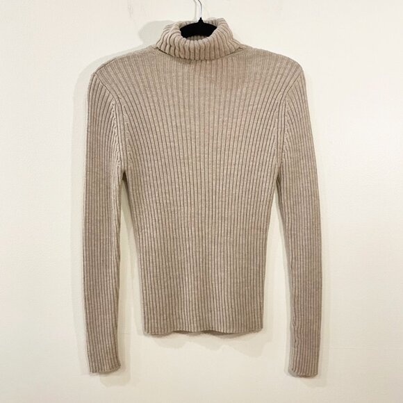 EUC LL Bean 100% Merino Wool Ribbed Turtleneck Sweater Taupe Medium - Picture 2 of 5